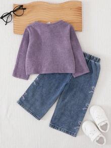 SHEIN Playful Pals 2件套女童时尚百搭蝴蝶结刺绣长袖外套和休闲牛仔裤套装，适合春、秋、冬、室内、室外、返校、日常穿着 - 彩色 - 查看 2