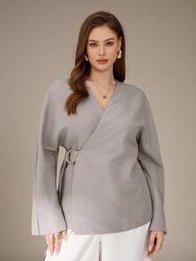 Auralis 环绕式交叉 V 领侧系带腰部可调节长袖优雅通勤高街现代长袖宽松大码女式衬衫/办公室女士卡其色上衣，秋季 - 卡其色 - 查看 2