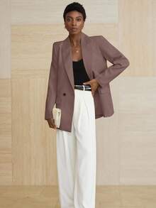 Aveloria Modichic Women's Business Style Solid Color Double-Breasted Blazer Jacket For Commuting, Autumn  - Pink - View 5