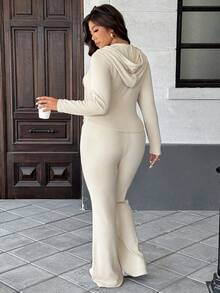 Easura 大码女士优雅连帽开衫毛衣套装，含长裤，适合上学、外出和约会，秋冬季穿着。 - 淺灰色 - 查看 2