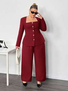 Truni Plus Size Women's Square Neck Long Sleeve Blazer Jacket, Cinched Waist Metal Button Detail Blazer In Fall/Winter, For Pear Triangle Body Shape - Burgundy - View 5