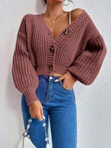 EURMUSE Cárdigan corto de color liso casual, otoño/invierno - Rosa vieja - Ver 1