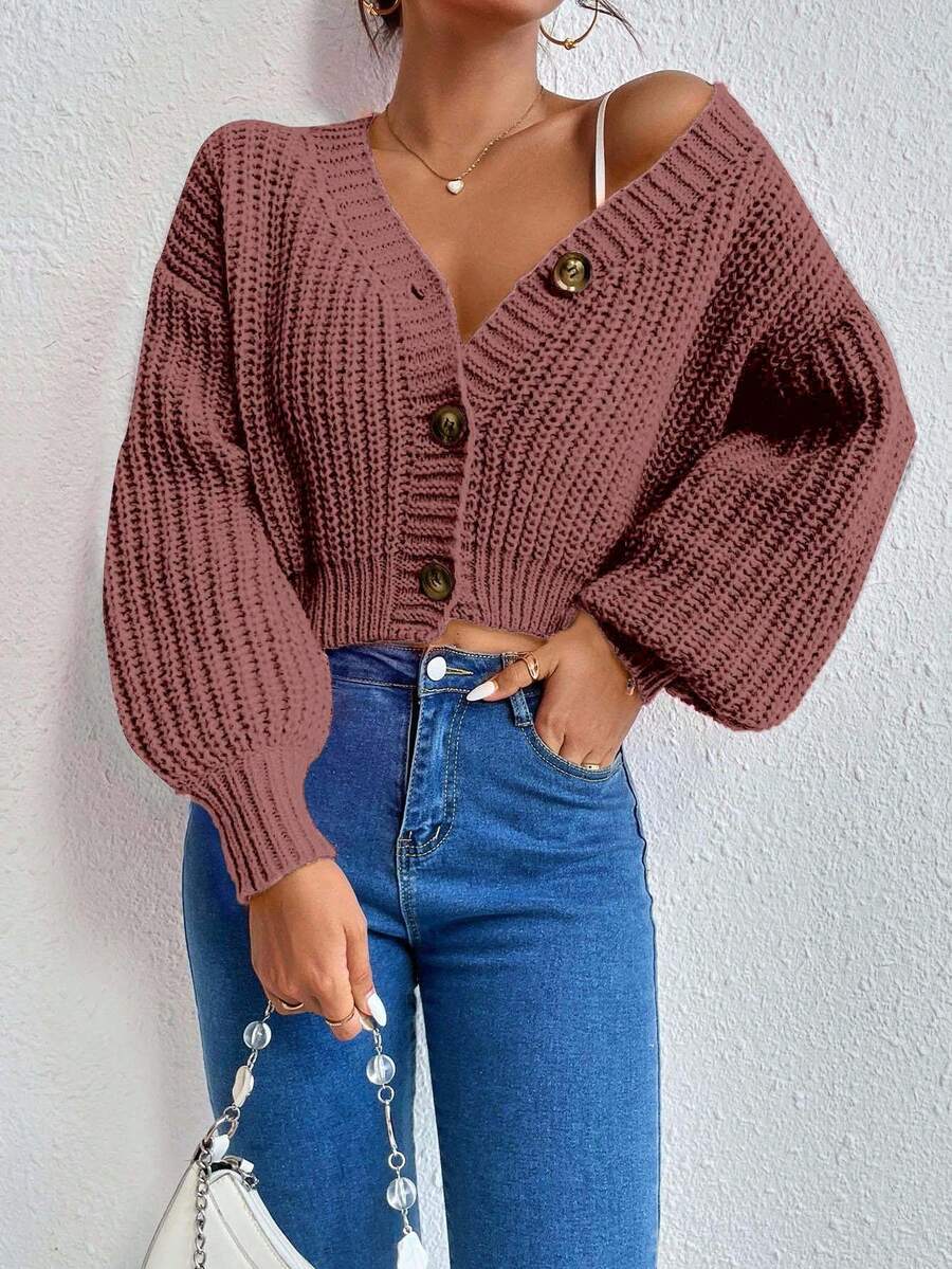 EURMUSE Cárdigan corto de color liso casual, otoño/invierno - Rosa vieja - Ver 1