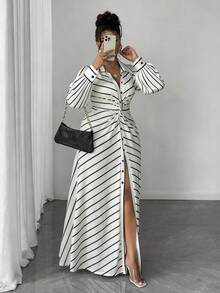 Maweii Đầm dài tay thiết kế dệt kim sọc xoắn cỡ lớn cho nữ - trắng - Xem 4