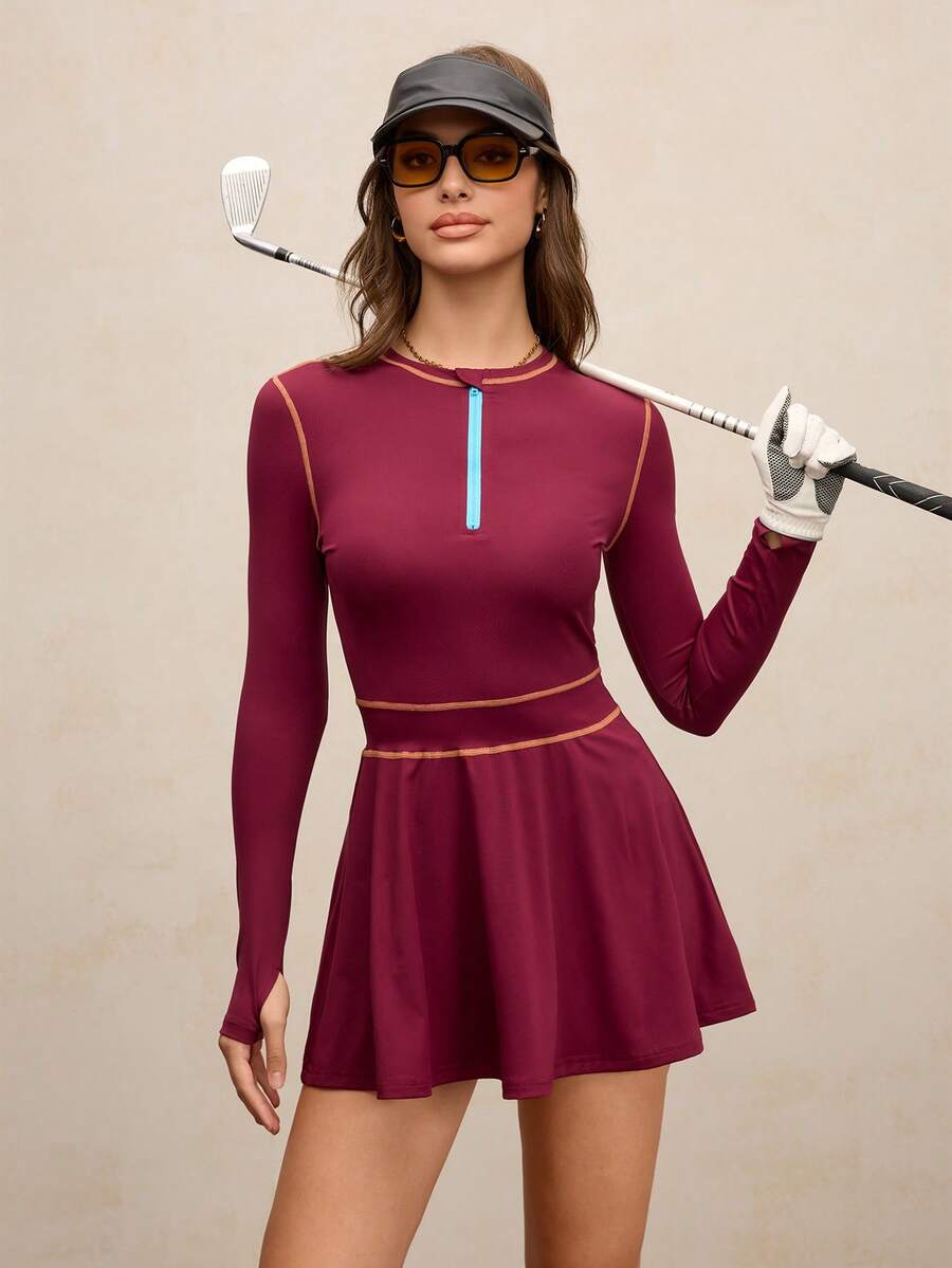 Activina Women's Autumn Contrast Stitching Thumb Hole Long Sleeve Golf Sports Dress Two Piece Tennis Skirt Set - Burgundy - View 1