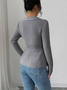 Elenzga Áo len cardigan giả thanh lịch, tinh tế, màu xanh đậm, tay dài, thu/đông - Xám - Xem 2