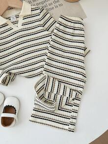 SHEIN Babygirl Casual Cute Striped Knit Collared Long Sleeve Top And Elastic Waist Pants Set