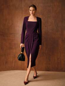 MOTF PREMIUM 女士修身挺括中长款长袖方领连衣裙 - 紫色 - 查看 1