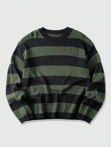ROMWE MEN Street Life Teen Boy Striped Crew Neck Long Sleeve Casual Sweater, Autumn/Winter - Dark Green - View 1