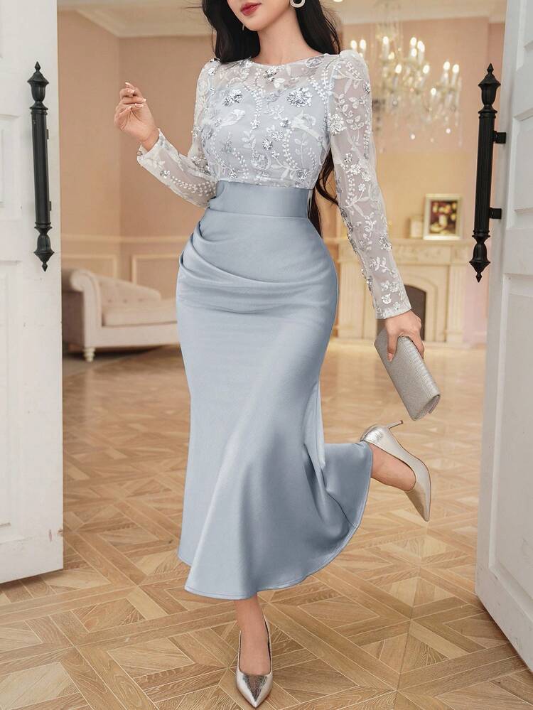 Women's Floral Patchwork Sequin Bubble Hem Long Sleeve Maxi Party Dress Elegant Women Dresses Prom Dress