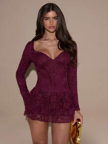 SHEIN BAE 女士时尚甜心领插肩袖修身优雅连衣裙 - 酒紅色 - 查看 4