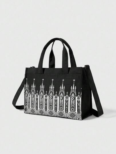 Goth Gothic Castle Print Large Capacity Tote Bag, Adjustable Strap Black Crossbody, Y2K Aesthetic Handbag For School & Art Events