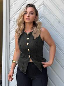 Jeta Ari Damen ärmelloses Jeans-Oberteil, lässig elastisch figurbetont, Sommer - Dunkelgrau - Übersicht 6