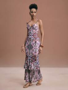 JIAN LASALA 全印花网纱吊带抹胸无袖波西米亚风层叠连衣裙，适合度假、优雅的伊比沙岛装扮、花园派对、正式场合、花卉礼服、兰花连衣裙、花朵连衣裙、女士图案连衣裙、粉色波西米亚风连衣裙、鱼尾连衣裙、多层长款连衣裙、长款花卉连衣裙、沙滩婚礼宾客 - 彩色 - 查看 4