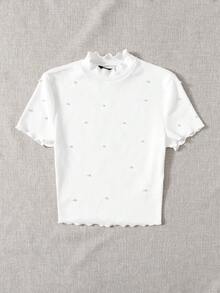 SHEIN 少女休闲舒适珍珠装饰甜美T恤 - 白色 - 查看 4