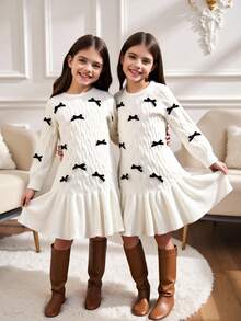 Young Girl Round Neck Raglan Sleeve Cable Bow Decor Ruffle Hem Casual Knit Sweater Dress - White - View 2