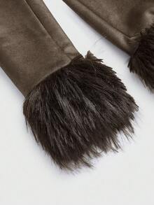 ROMWE Grunge Punk Spring Luxury Y2K Retro Sexy Faux Fur & Suede Patchwork Mid-Length Jacket For Women - Brown - View 3