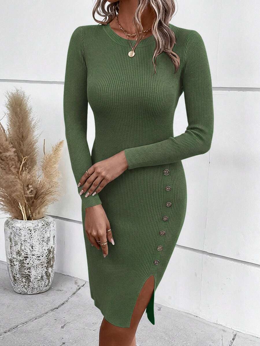 SHEIN Clasi 秋冬季女士纯色罗纹针织开衩下摆修身毛衣连衣裙 - 軍綠色 - 查看 1