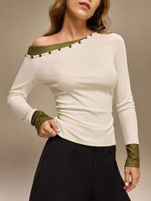 Hanevo Women's Casual Multicolor Knitted Off The Shoulder Top With Long Sleeves Regular Length, New Design 2 In 1 Top, Suitable For Daily Wear And Dates - Multicolor - View 4