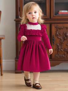Glamorique Kids 女婴秋冬宫廷风紫色撞色蕾丝高领灯笼袖A字连衣裙，适合派对和节日庆典 - 中紫紅色 - 查看 3
