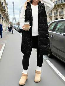 SHEIN Clasi Abrigo con capucha sin mangas hasta la rodilla con relleno y bolsillos para mujer talla grande - Negro - Ver 7