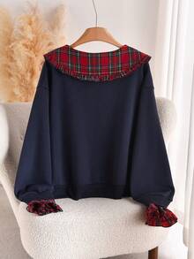 CosyJoli Plus Size Women Casual Plaid Collar Sweatshirt,/Christmas Navy Blue Spring - Navy Blue - View 3