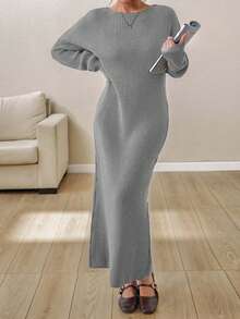 EURMUSE Boat Neck Ribbed Knit Midi Dress – Earthy Brown | Oversized Fit With Textured Stitch - Grey - View 4