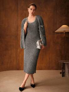 MOTF PREMIUM 撞色亮片无袖开衩大腿针织连衣裙（不含腰带），灰色 - 灰色 - 查看 6