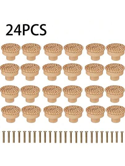 12 piezas de pomos redondos de ratán con asa, lindos pomos de madera tejidos a mano estilo bohemio con tornillos incluidos, fácil instalación para gabinetes, puertas, cocina, sala de estar, dormitorio, armario, decoración del hogar, estilo rústico de granja