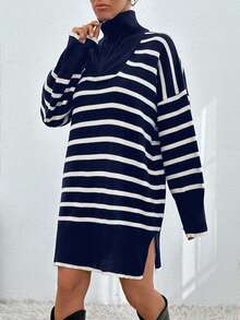 EURMUSE Women Stiped Knit Design Knit Dress With Zipper Detail - Navy Blue - View 5