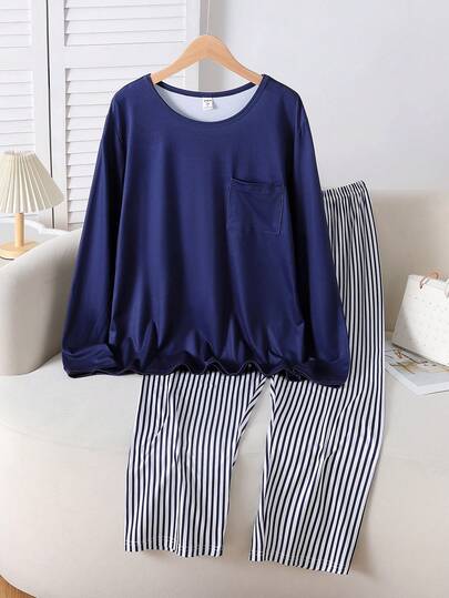 Teen Boys Simple Stripe Loungewear Set - Navy Blue White Simple Stripe Loungewear 2-Piece Combo Simple Stripe Design Navy Blue White Classic Color Long Sleeve Simple Stripe Loungewear Set 2-Piece Combo Social Media Style Simple Stripe 2026 New Year Holiday Essential Four Seasons Teen Boys Simple Stripe Loungewear Set Striped Pajama Pants Sleepwear Set Long Sleeve Pajama Set Navy Blue Pajama Top