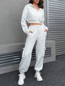 SHEIN Unity 素色落肩袖短款連帽衫&翻蓋口袋衛褲 - 淺灰色 - 查看 1