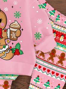 圣诞可爱卡通姜饼人、雪花、圣诞树、铃铛、拐杖糖、雪人费尔岛印花舒适加厚圆领长袖卫衣和打底裤套装，适合女宝宝秋冬季圣诞节穿着。 - 彩色 - 查看 5