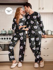 CoupledUp 1set Cute Cartoon Koala Pattern Pajama Set Matching Couple Pajama Set Sleep Wear, Winter Clothes - Multicolor - View 6