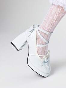 ROMWE Kawaii 女式黑色高跟玛丽珍鞋，带绑带，防水台，洛丽塔哥特式蝴蝶结甜美 JK 风格浅口鞋 - 藍色 - 查看 3