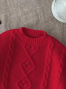 SHEIN LMoss Kids 苔藓米色长袖毛衣，可爱百搭的女婴冬季服装 - 紅色 - 查看 6