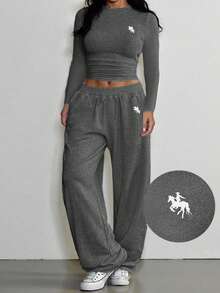 SHEIN EZwear 两件套休闲百搭深灰色T恤和裤子，大码 - 深灰色 - 查看 3
