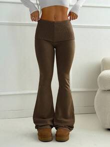 SHEIN PETITE 杏色紧腰喇叭裤，简约通勤，家居，休闲装年轻女士针织裤 - 棕色 - 查看 7