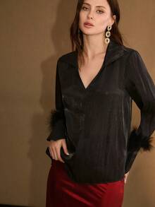 MOTF PREMIUM FASHIONABLE V-COLLAR LOOSE FIT FEATHER DECOR ASYMMETRIC CUFF GLOSSY SATIN BLOUSE - Black - View 4