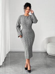 Elenzga Women's Autumn/Winter New One-Piece Crew Neck Fitted Mid-Length Elegant Lady Daily Versatile Fashion Knit Long Sleeve Sweater Dress - Grey - View 4