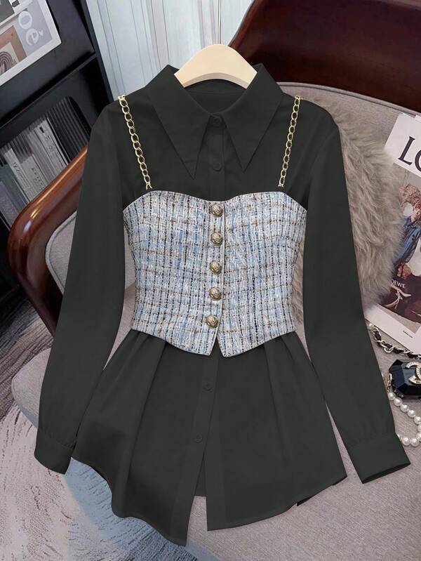 Regalyn Plus Size Women Solid Color Long Sleeve Single-Breasted Shirt And Plaid Suspender Vest Casual Suit