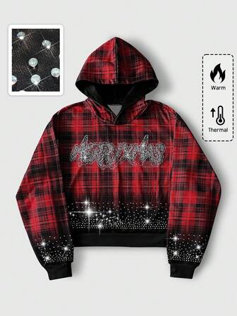 Street Life Felpa con cappuccio casual da uomo con motivo a lettere e quadri, decorata con strass e coulisse