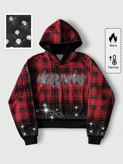 Street Life Sudadera con capucha casual para hombres con cordón, decoración de strass con patrón de letras y cuadros