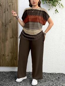 EMERY ROSE Maillard Autumn Breeze Casual Minimalist Brown Tone Striped Pattern Plus Size 2 Pieces Set, Suitable For  And New Year,Spring/Summer/Vacation - Brown - View 4