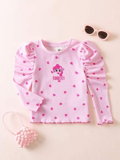 My Little Pony X SHEIN Young Girl Cute Pink Cartoon Pattern Round Neck Drop Shoulder Puff Sleeve Knit Casual Sweet Pink T-Shirt Full Sleeve Girl Top Long Sleeve T Shirt For Girls Cute Tops For Kids Girls Little Girl Tops