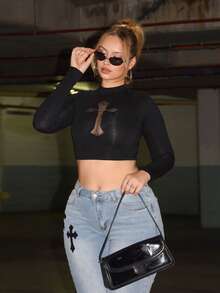 Arliah Rave Festival Outfits Women Shirts Women's Crew Neck Cross And Mesh Splice Long Sleeve Tight-Fit T-Shirt - Black - View 1