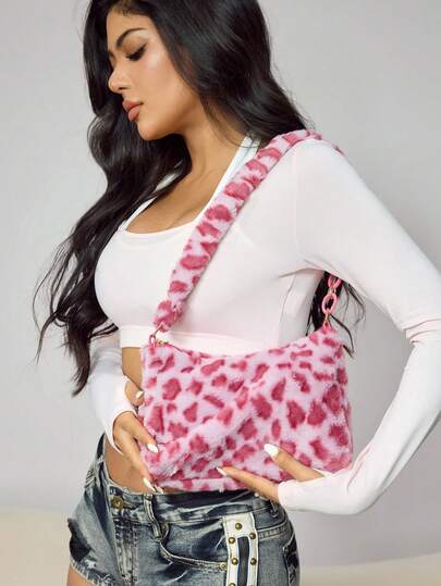 CUCCOO SZL Leopard Print Fluffy Shoulder Bag (Print Placement Random), Perfectly Matching With Fall Outfits Women