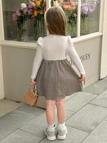 SHEIN Elladie kids 年轻女孩泡泡袖针织罗纹上衣和编织格子下摆连衣裙配帽子，休闲优雅，秋冬 - 杏色 - 查看 2