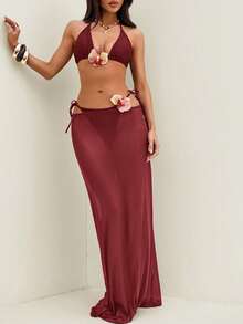 Bonvoyette Bộ đồ bơi hở lưng họa tiết hoa dành cho nữ - Màu Đỏ Sâu - Xem 4