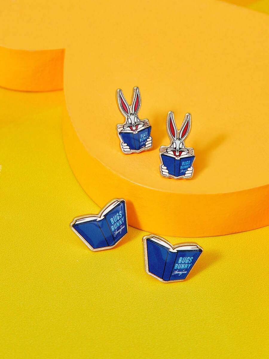 LOONEY TUNES X SHEIN 1套时尚女士卡通元素休闲可爱耳环 - 金色 - 查看 1